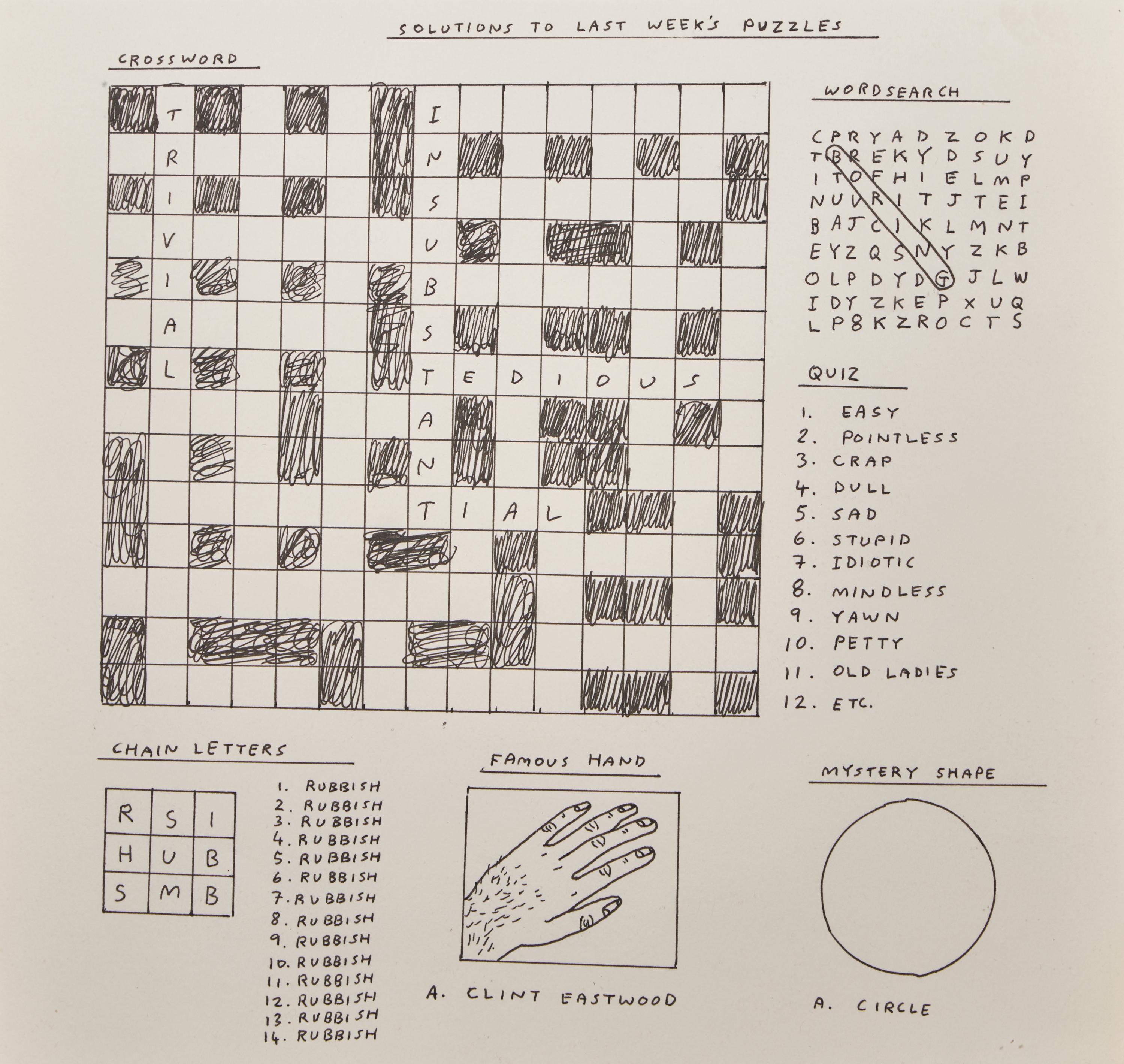 Untitled (Bam!) , 1997, Untitled (Draughtsman takes a shower) , 1997, Untitled (Dear Your Majesty) , 1997-99, Untitled (Trademarks) , 1999, Untitled (Crossword) , 1998 and Untitled , 2003 (a group of 6 works)