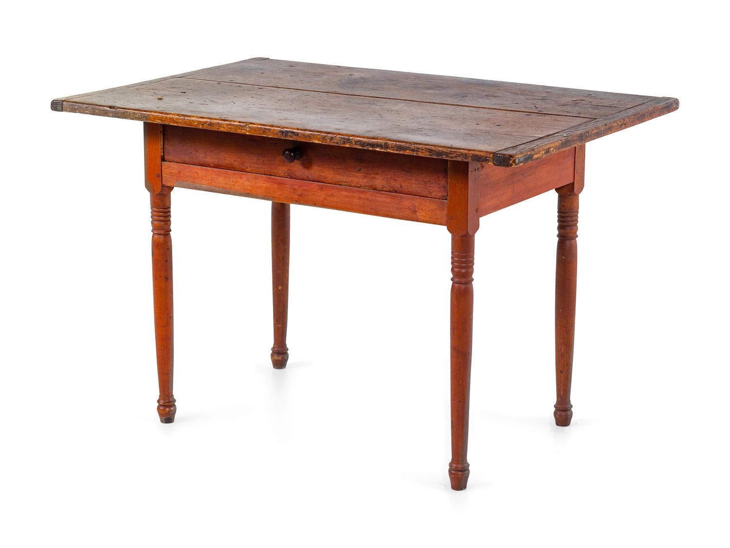 A Federal Red-Stained and Turned Maple and Pine Scrubbed-Top Tavern Table