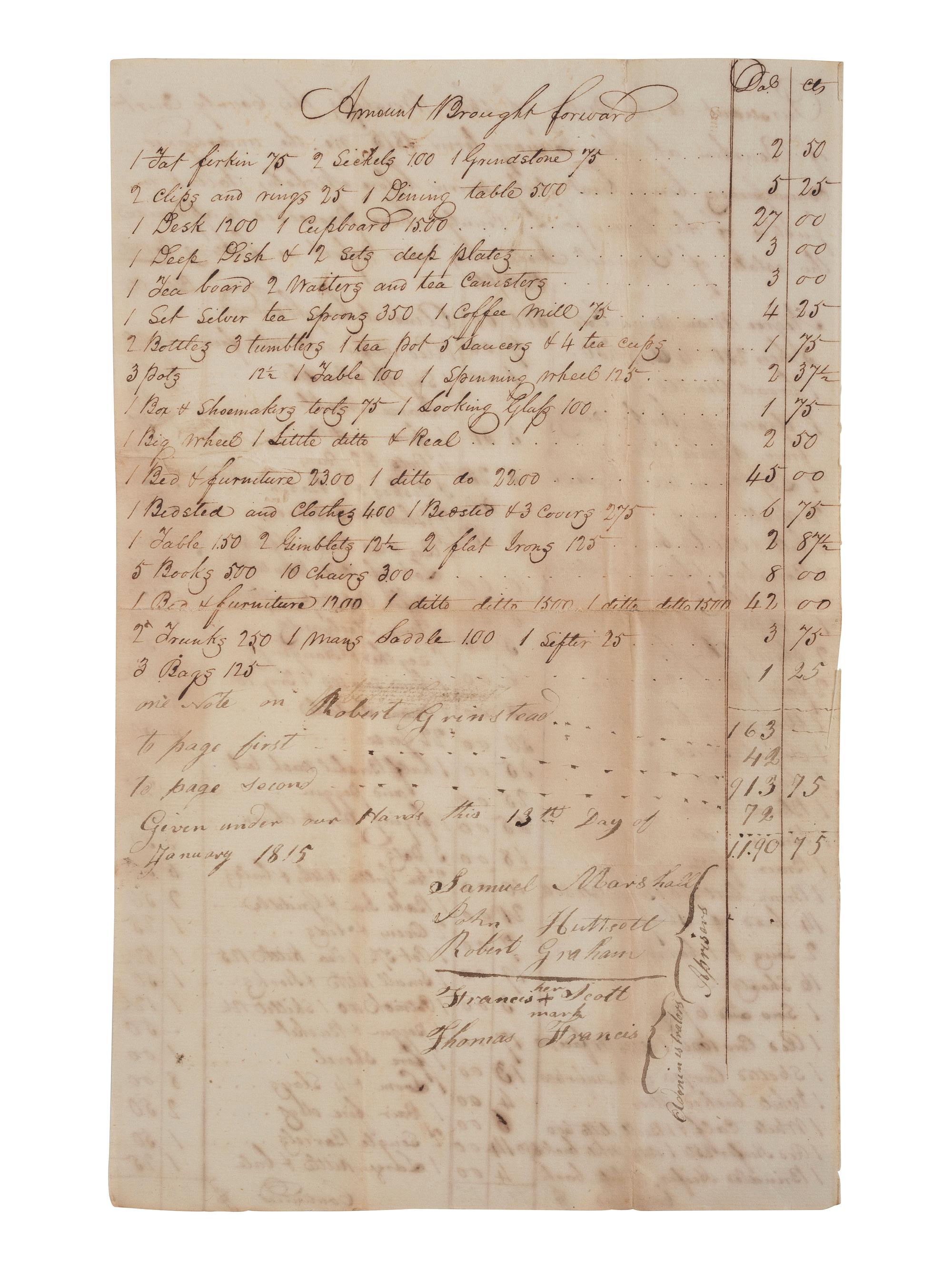 [ENSLAVEMENT & ABOLITION]. A group of 6 estate documents listing individual enslaved persons, most by name. Bourbon County, KY, 1815-1829.