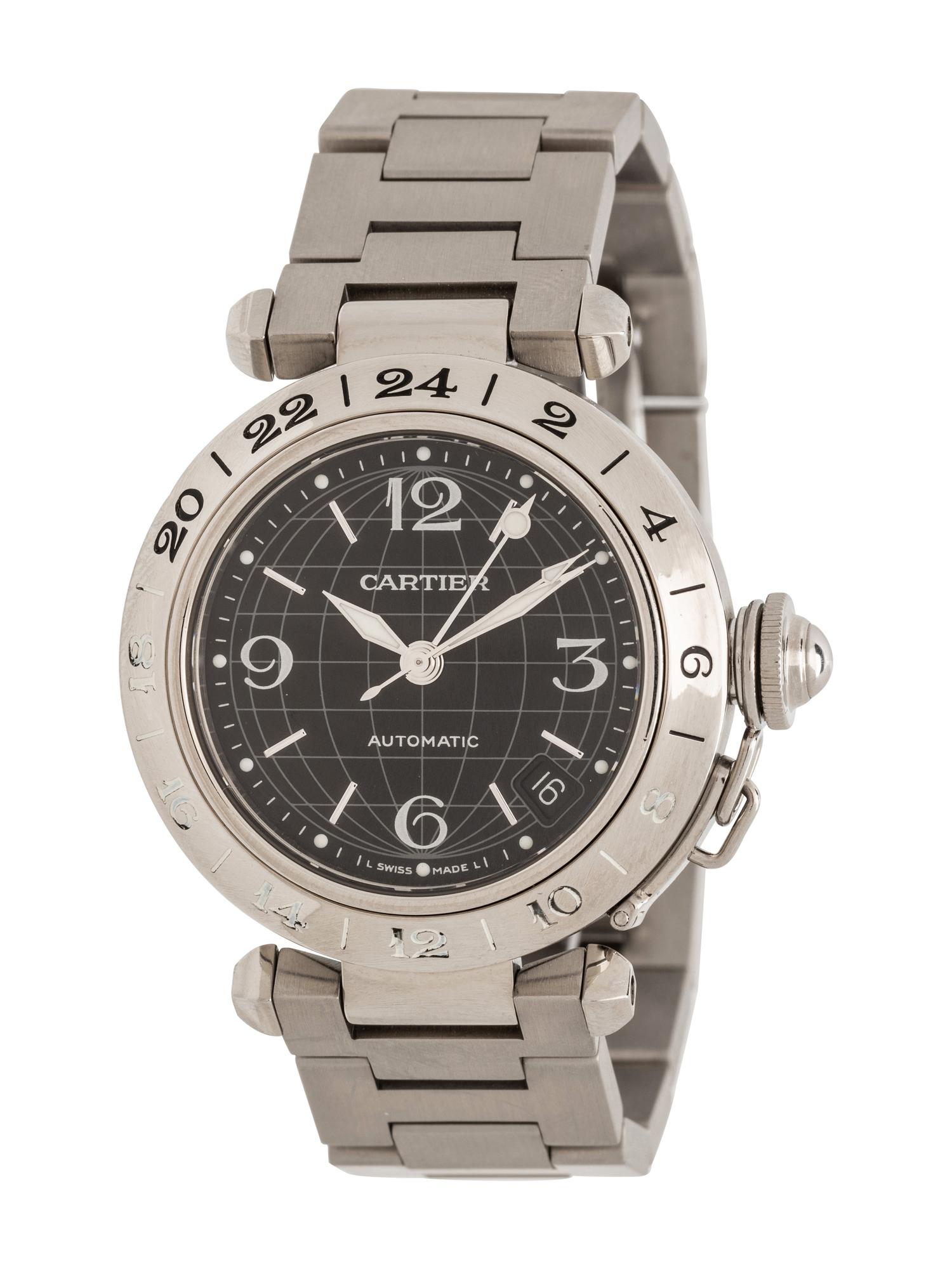CARTIER, STAINLESS STEEL 'PASHA C MERIDIAN GMT' WATCH