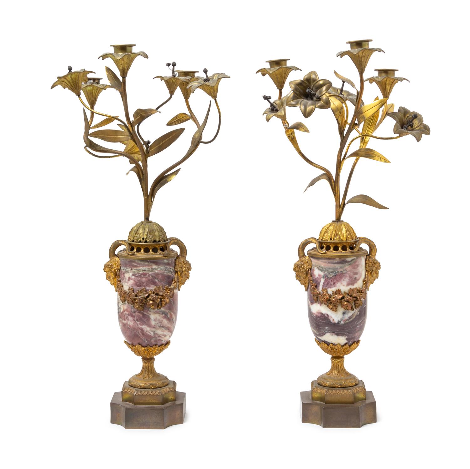 A Pair of Neoclassical Gilt Bronze Mounted Marble Three-Light Candelabra