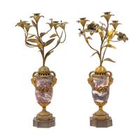 A Pair of Neoclassical Gilt Bronze Mounted Marble Three-Light Candelabra