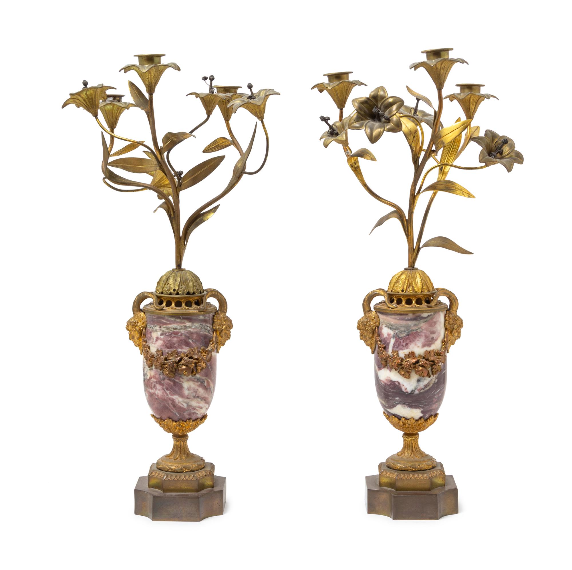A Pair of Neoclassical Gilt Bronze Mounted Marble Three-Light Candelabra