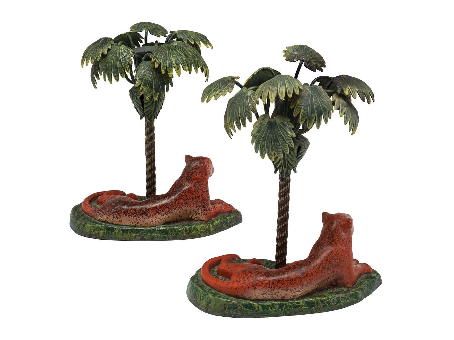A Pair of Cold Painted Bronze Lion Candlesticks