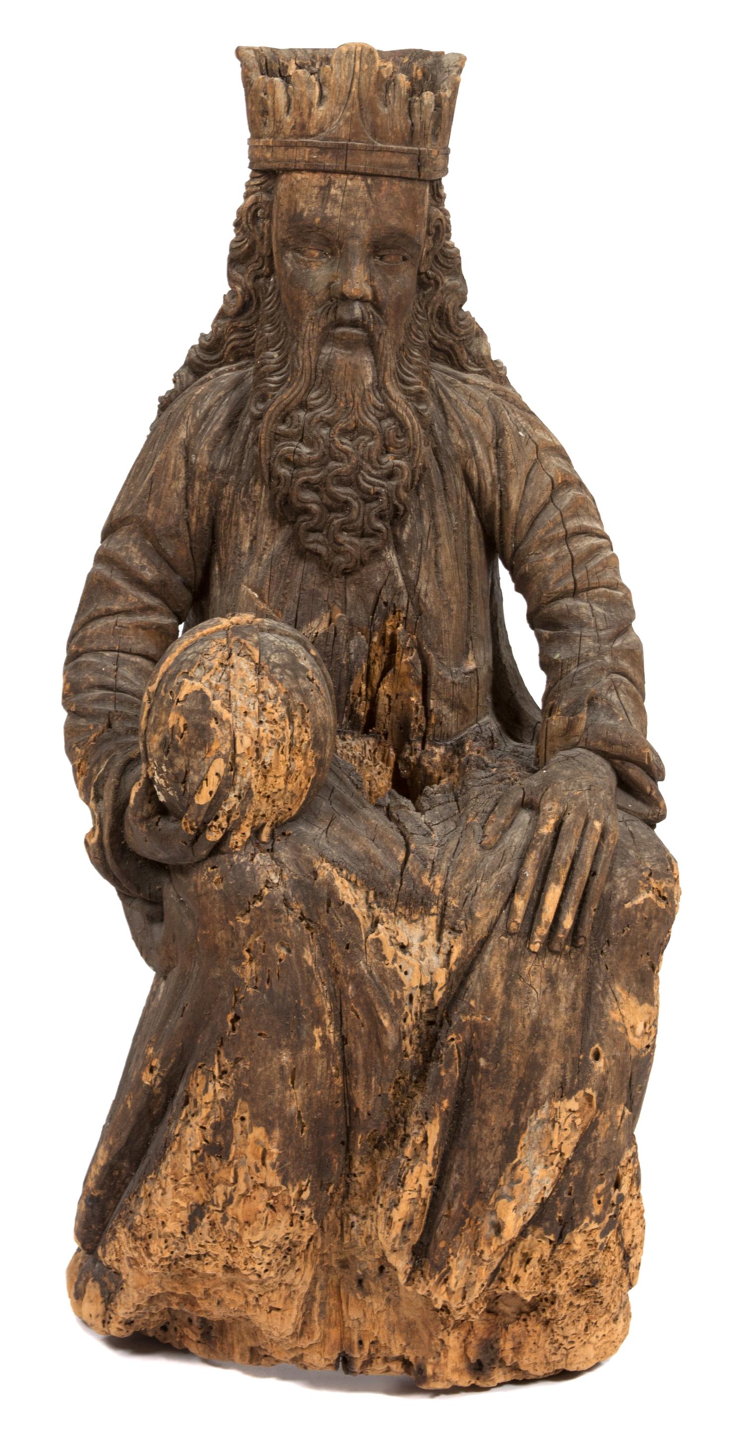 A Continental Carved Pine Figure of a Seated King Height 37 inches. — 16TH CENTURY