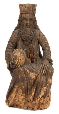 A Continental Carved Pine Figure of a Seated King Height 37 inches. — 16TH CENTURY