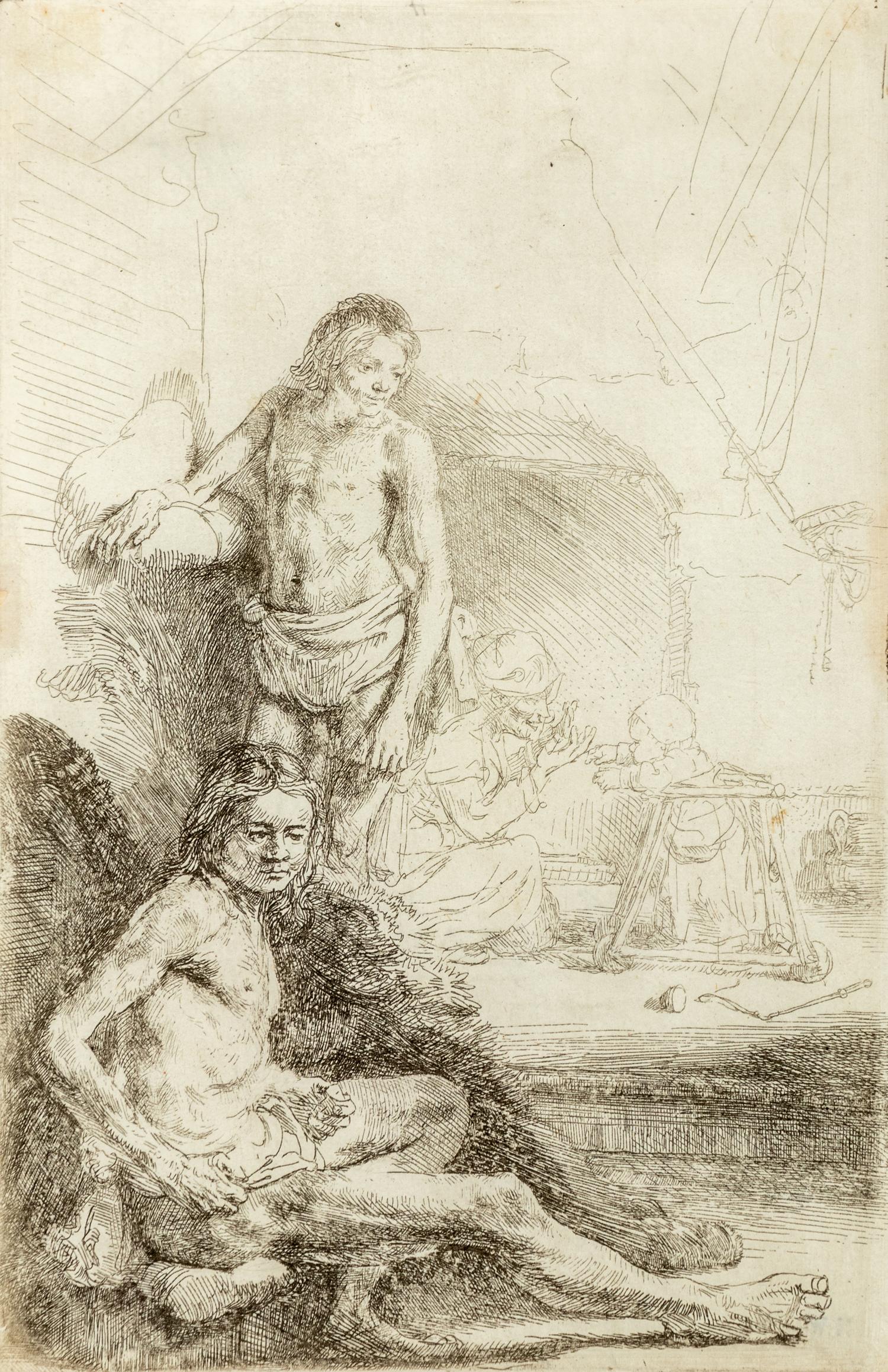 Nude Man Seated and Another Standing with a Woman and a Baby , ca. 1646