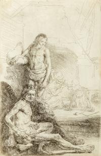 Nude Man Seated and Another Standing with a Woman and a Baby , ca. 1646
