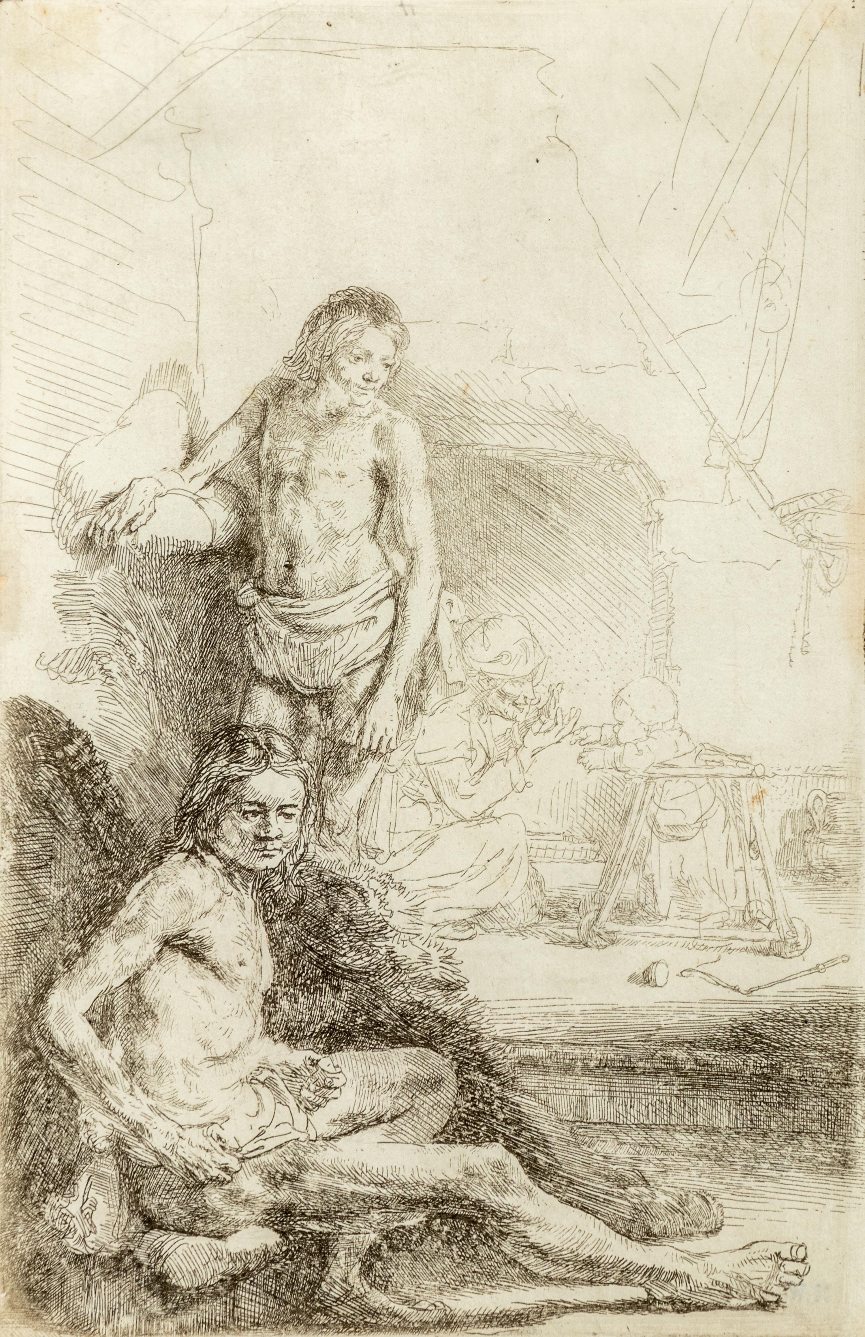 Nude Man Seated and Another Standing with a Woman and a Baby , ca. 1646