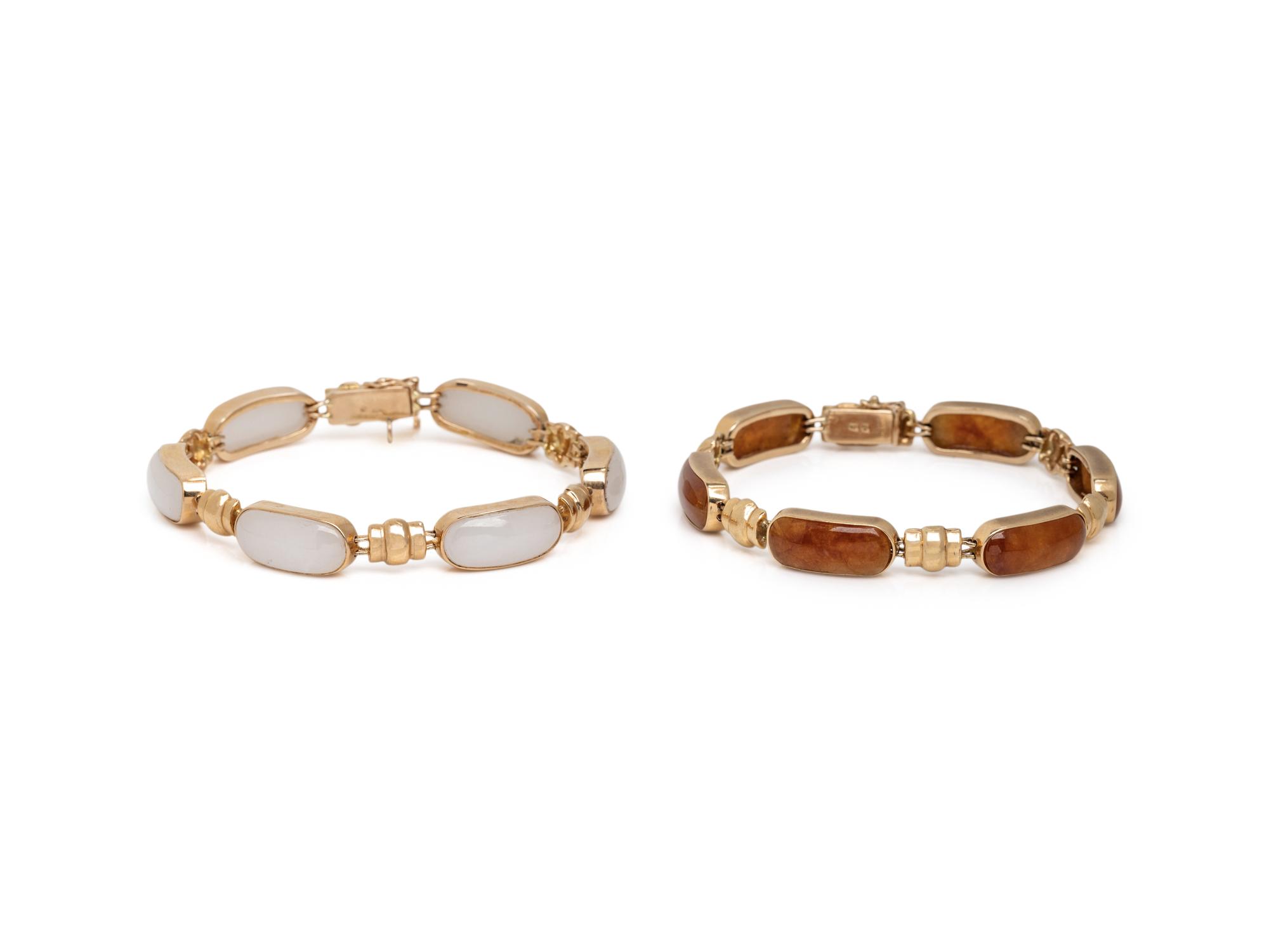 TWO YELLOW GOLD AND JADE BRACELETS