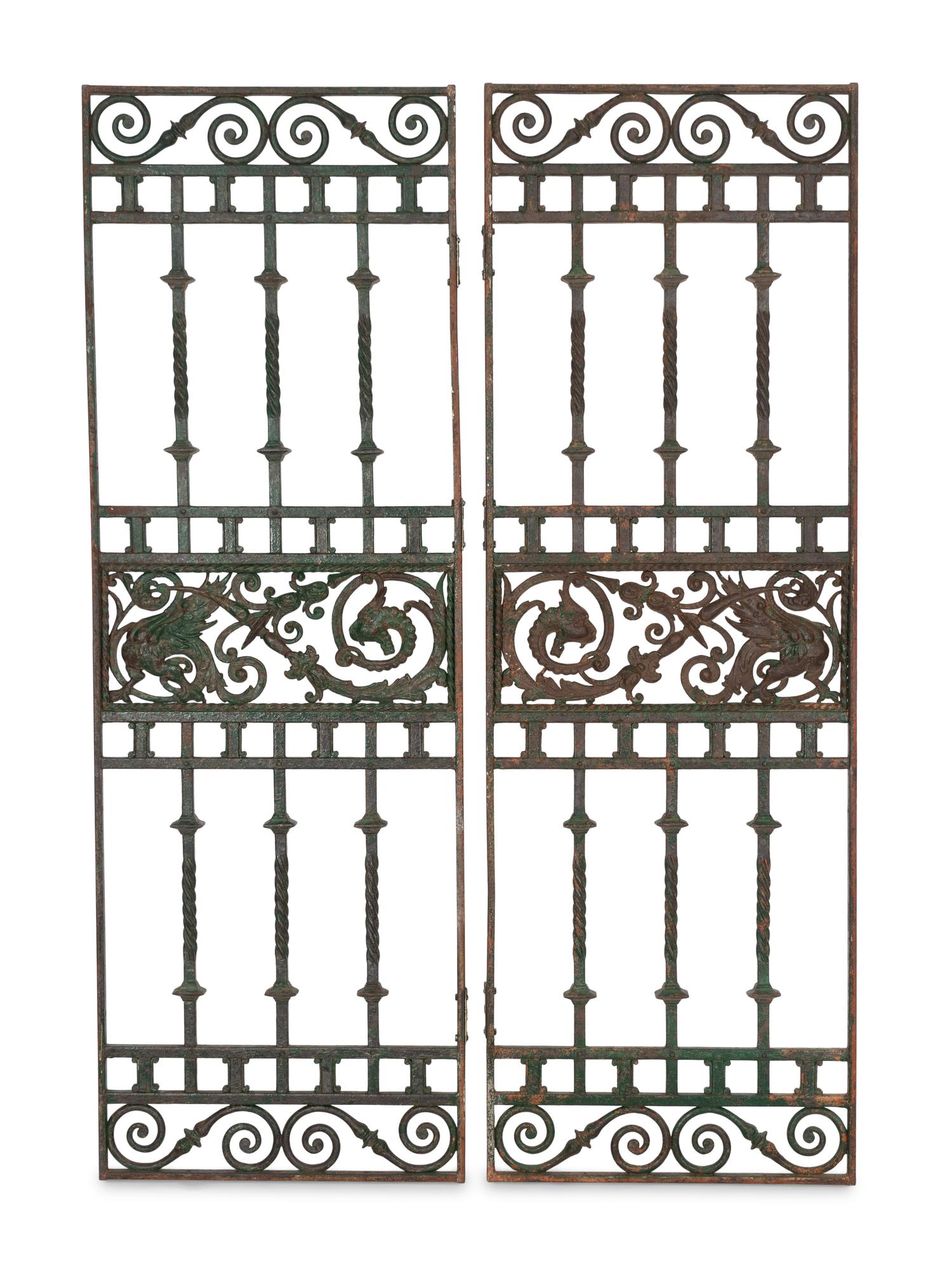A Pair of French Green-Painted Wrought Iron Gates