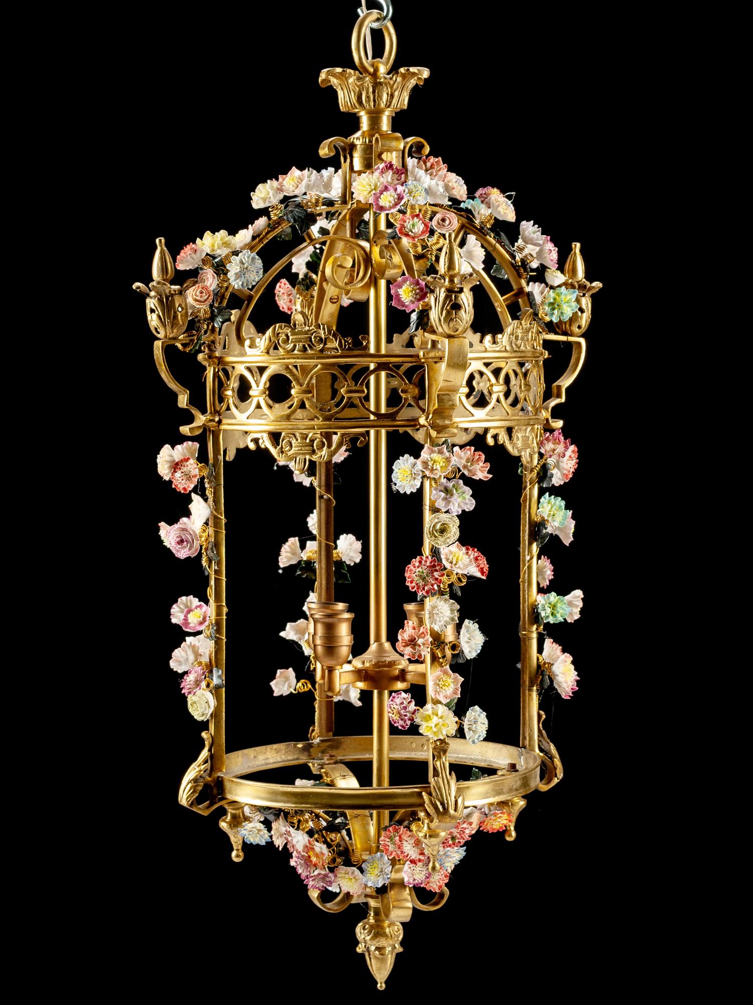 An English Gilt Bronze and Porcelain Lantern