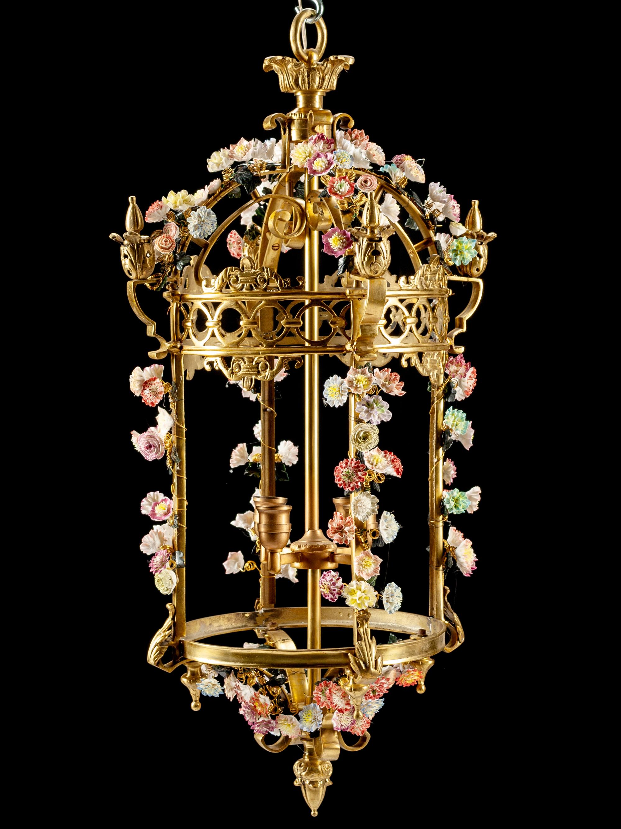 An English Gilt Bronze and Porcelain Lantern
