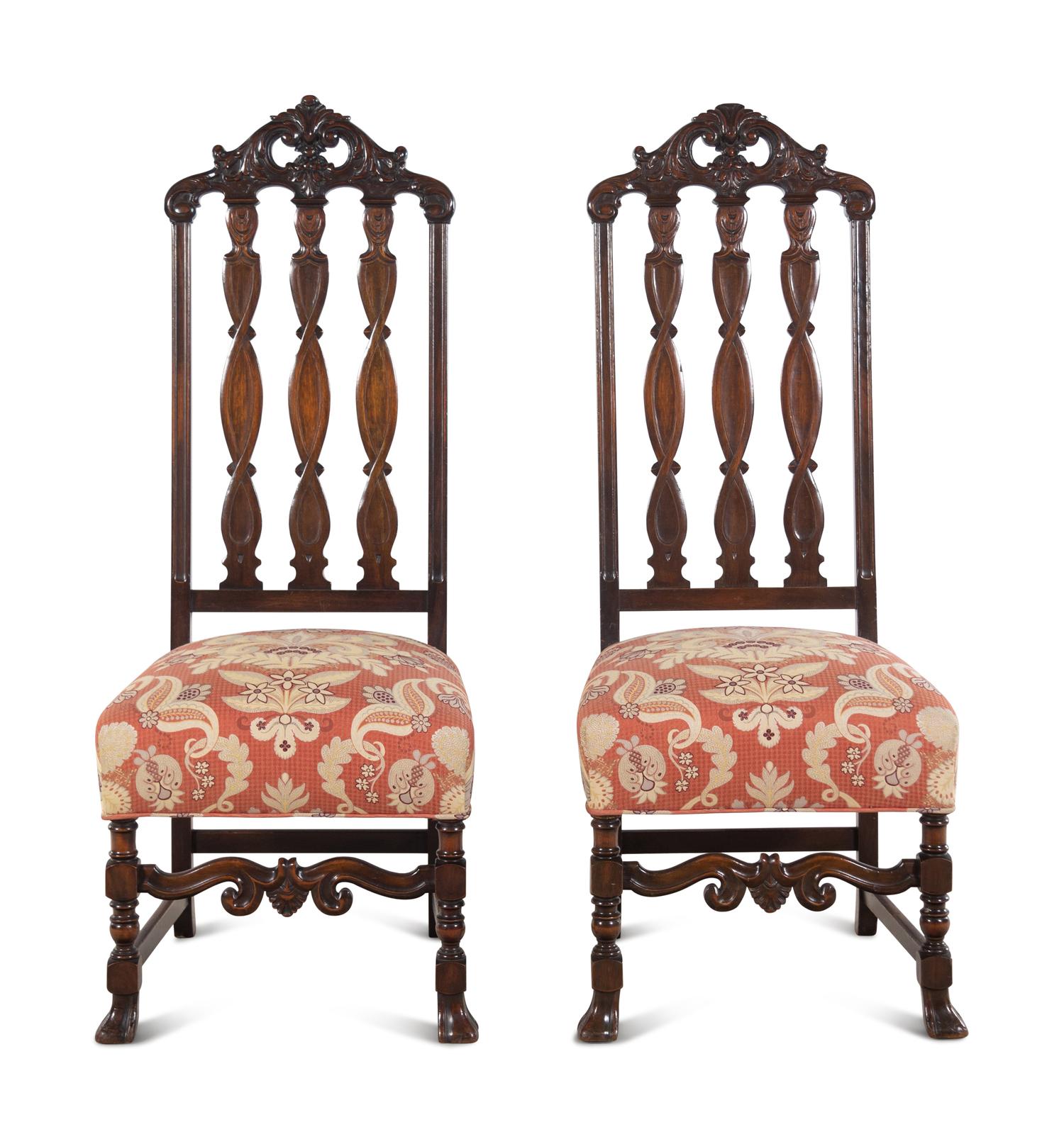 A Pair of William and Mary Style Mahogany Hall Chairs with Scalamandré Upholstery