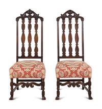 A Pair of William and Mary Style Mahogany Hall Chairs with Scalamandré Upholstery