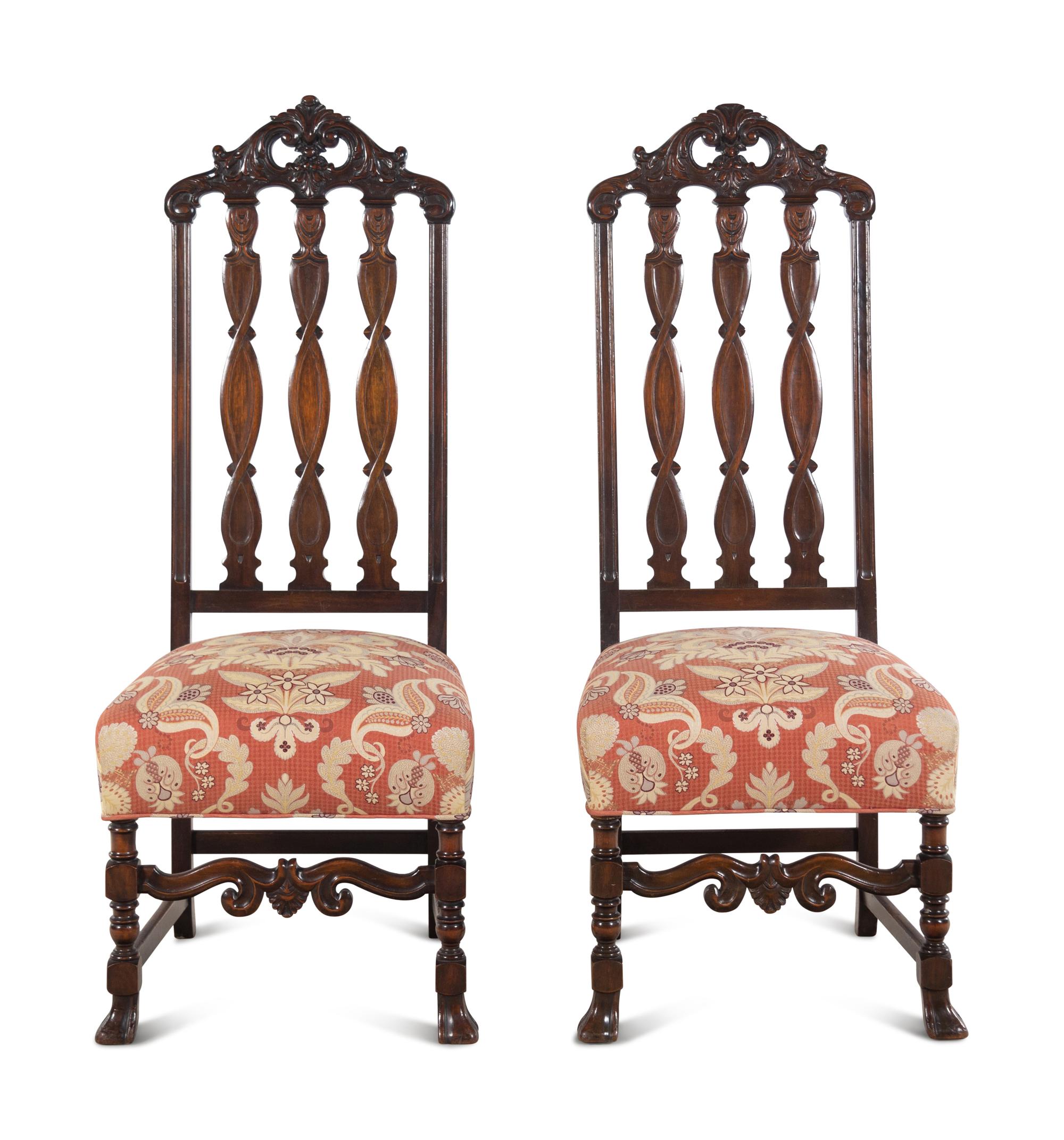 A Pair of William and Mary Style Mahogany Hall Chairs with Scalamandré Upholstery