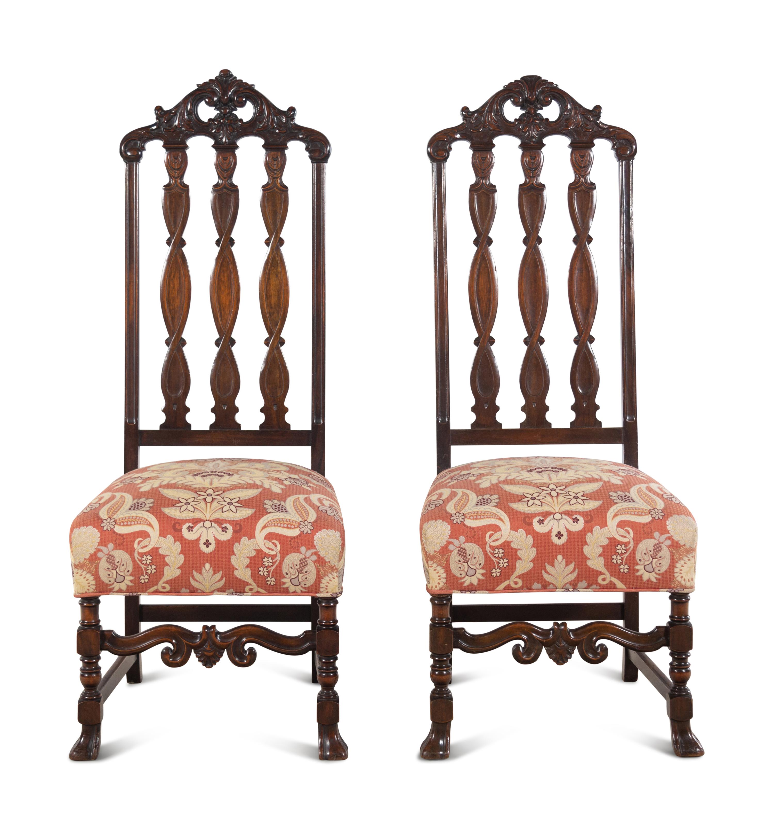 A Pair of William and Mary Style Mahogany Hall Chairs with Scalamandré Upholstery