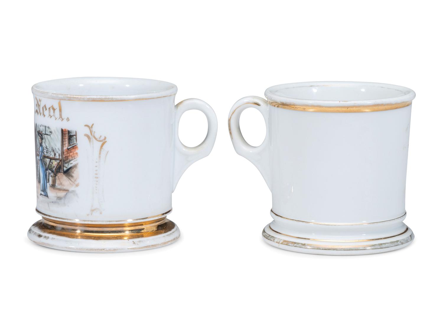 Two Store Proprietor's Porcelain Occupational Shaving Mugs