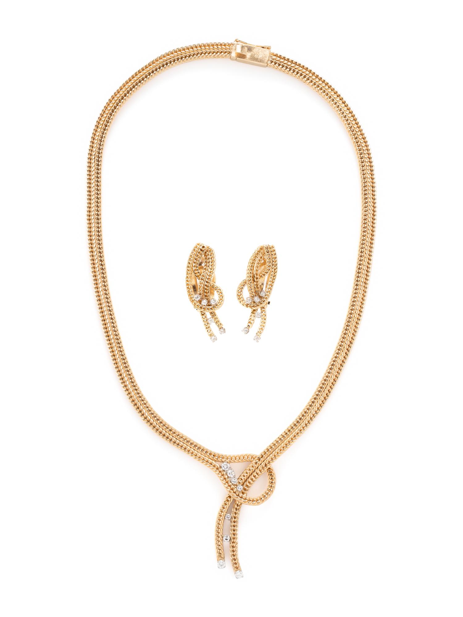 YELLOW GOLD AND DIAMOND NECKLACE AND CLIP EARRINGS