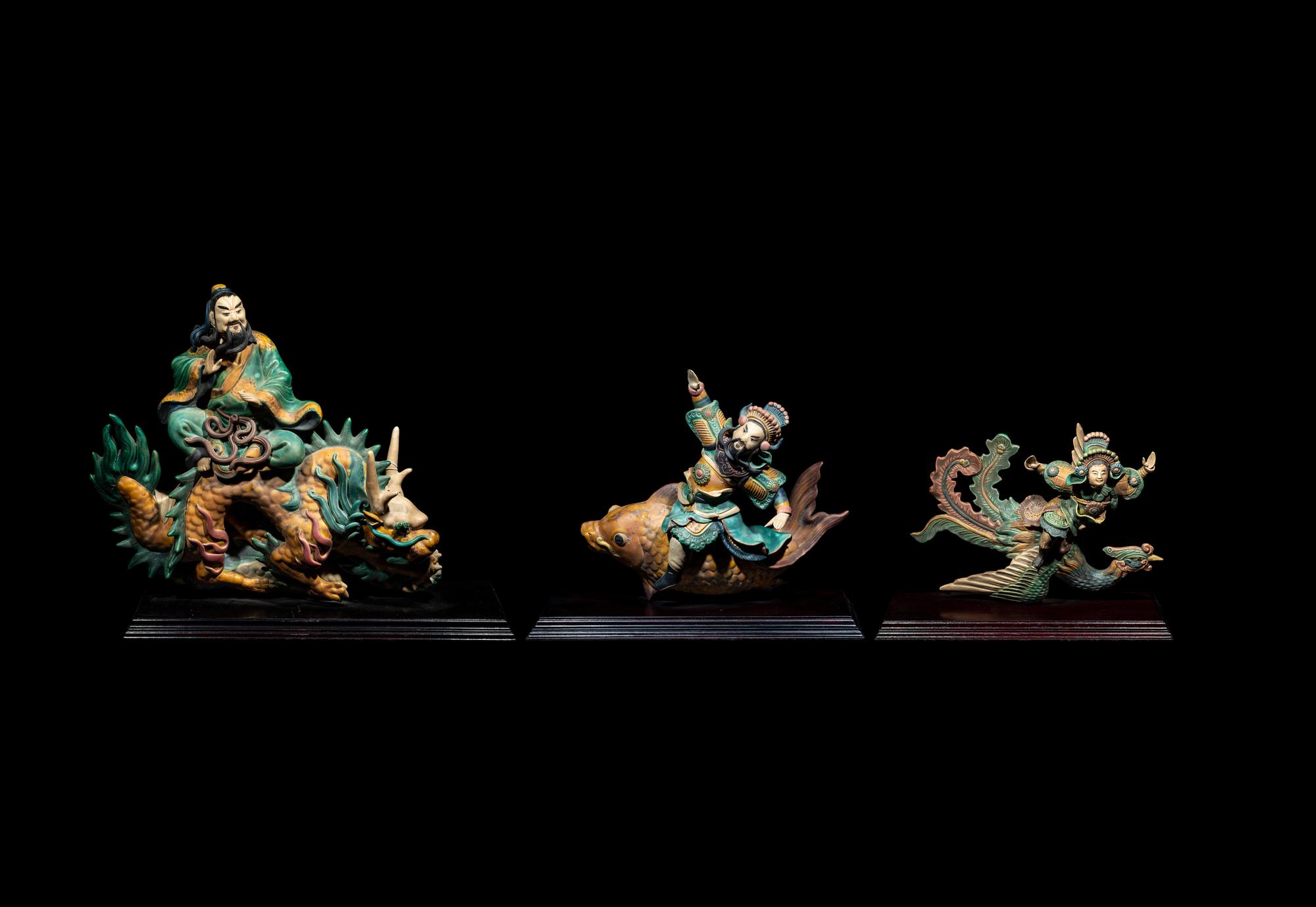 Three Chinese Glazed Pottery Figural-Form Roof Tiles