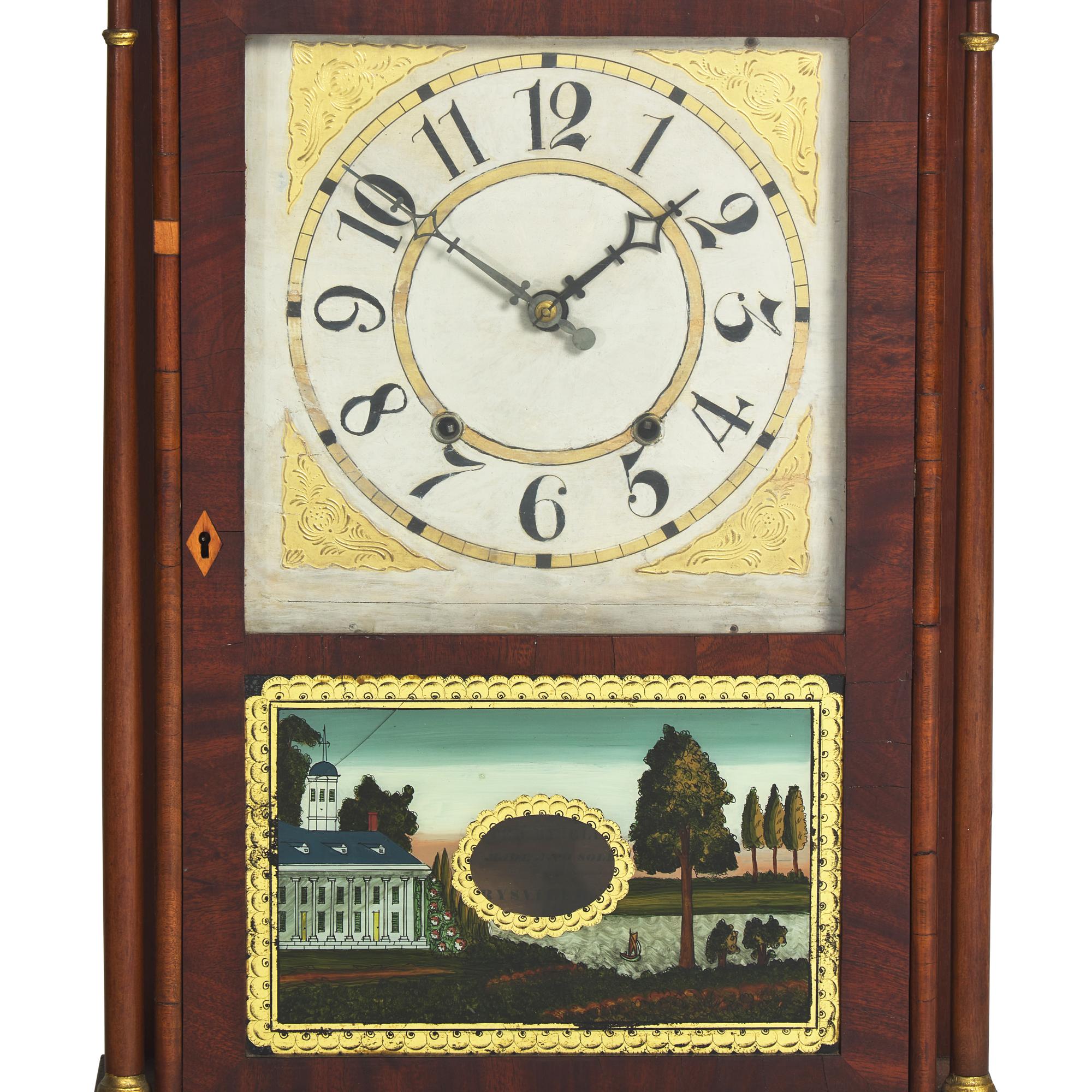 A Federal Mahogany Pillar and Scroll Shelf Clock