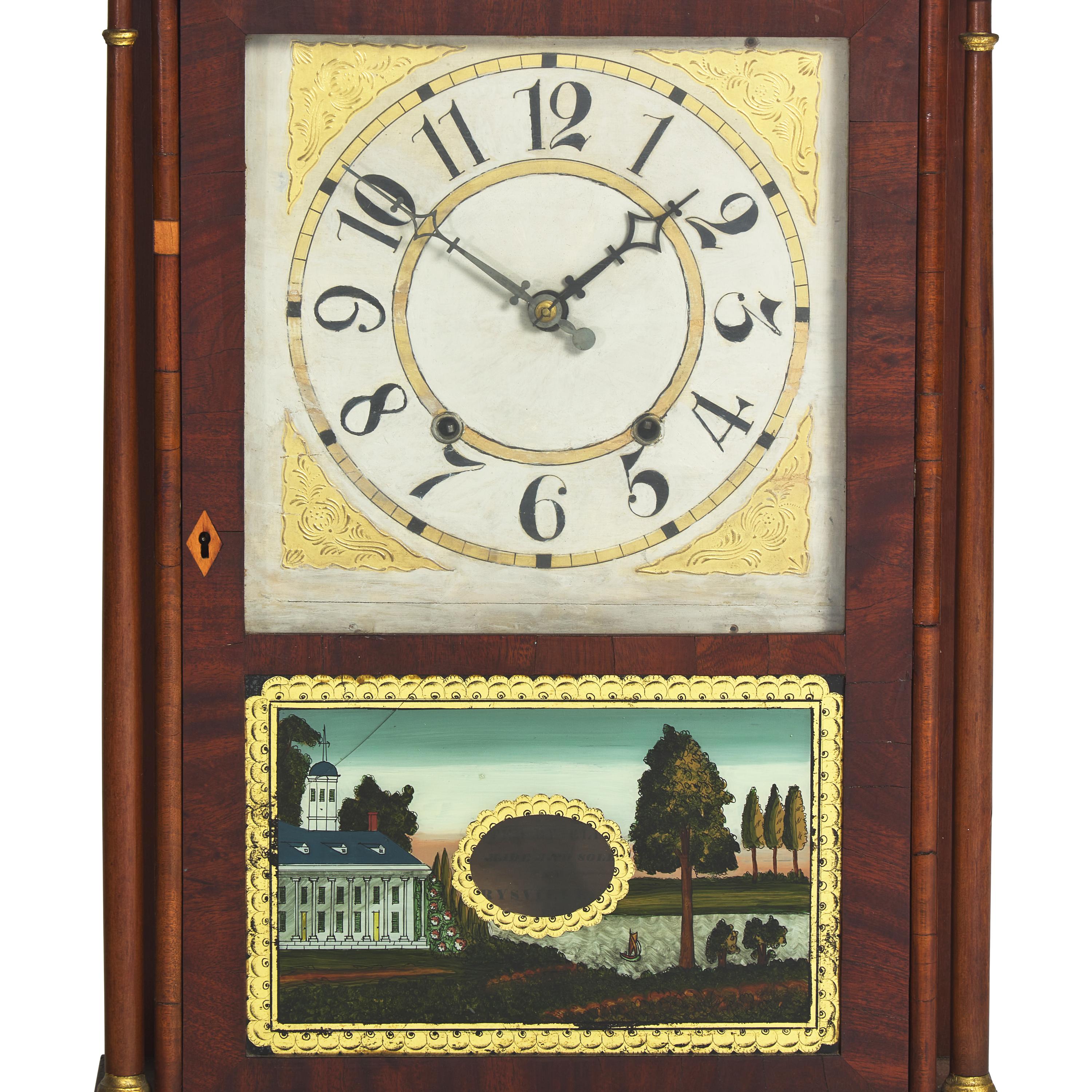 A Federal Mahogany Pillar and Scroll Shelf Clock