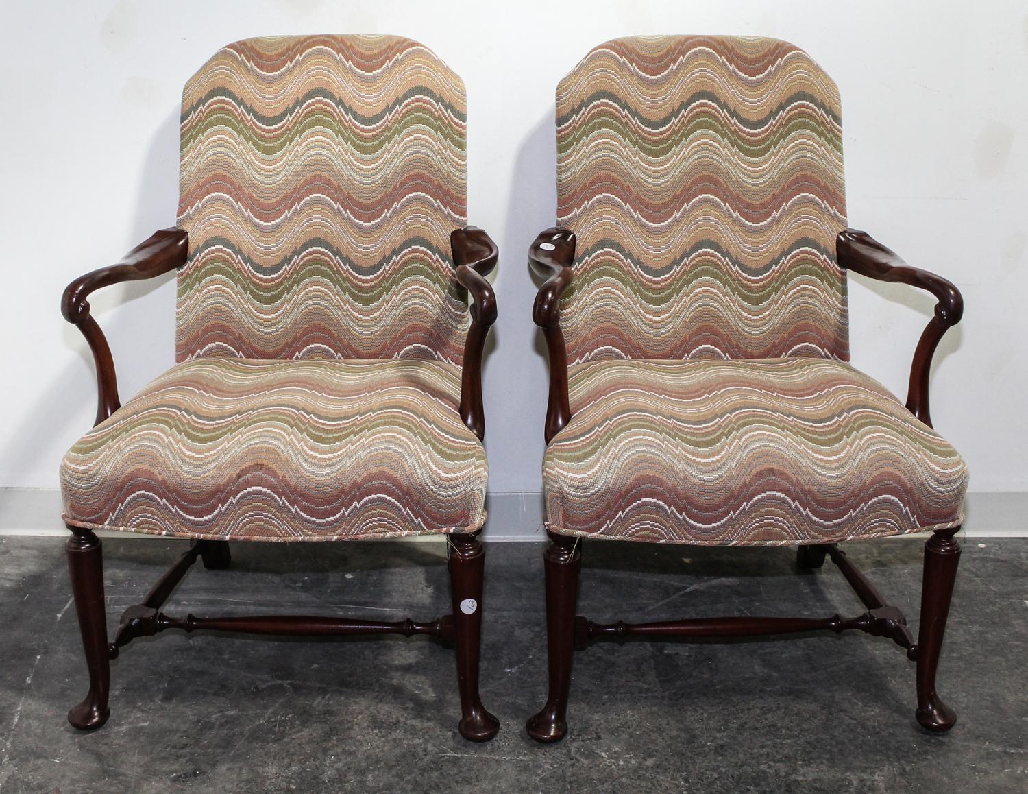 A Pair of Queen Anne Style Mahogany Open Armchairs Height 38 inches. — 19TH/20TH CENTURY