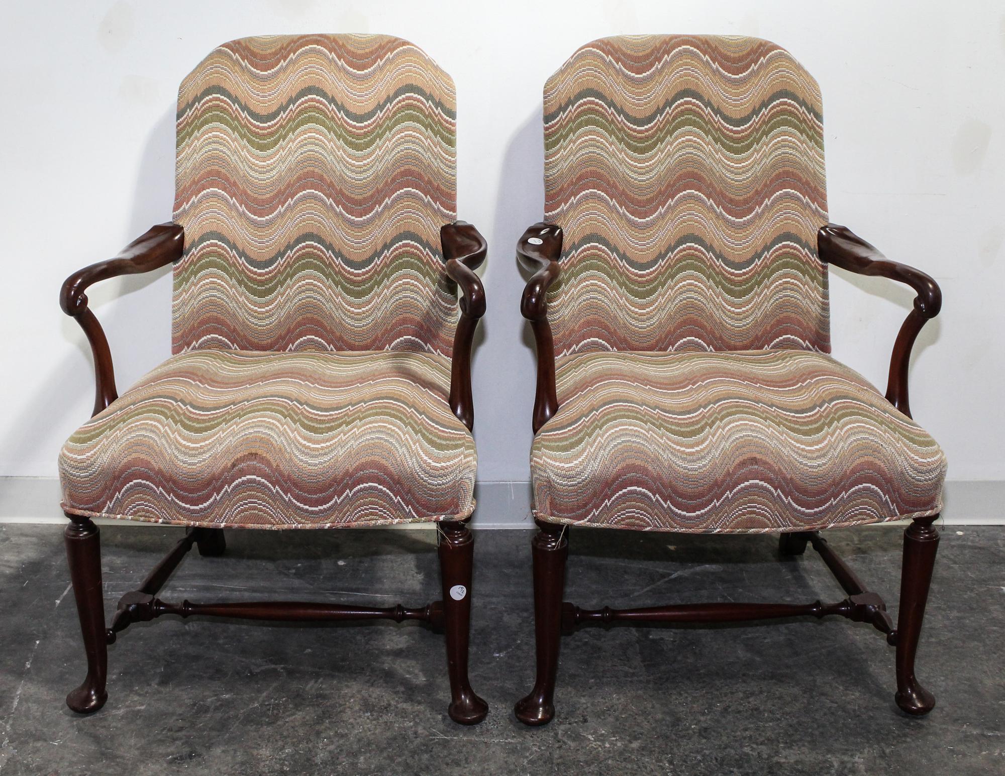 A Pair of Queen Anne Style Mahogany Open Armchairs Height 38 inches. — 19TH/20TH CENTURY