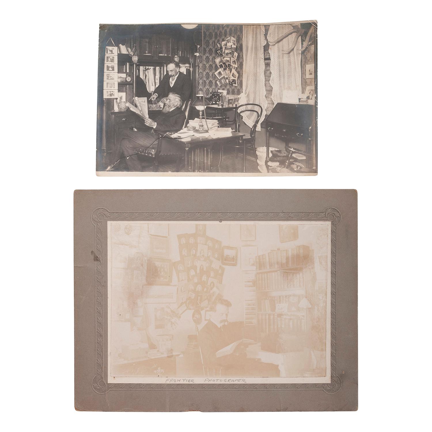[EARLY PHOTOGRAPHY]. A group of albumen and silver gelatin photographs showing early photographers, their equipment, and pioneering techniques, comprising: