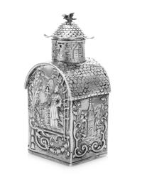 A German Silver Tea Caddy, B. Neresheimer & Sohne, Hanau, Late 19th/Early 20th Century, in the form of a folly building, the body depic