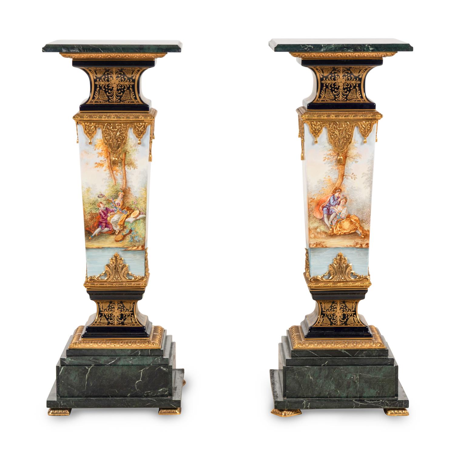 A Pair of Marble, Sèvres Style Porcelain and Gilt Metal Pedestals