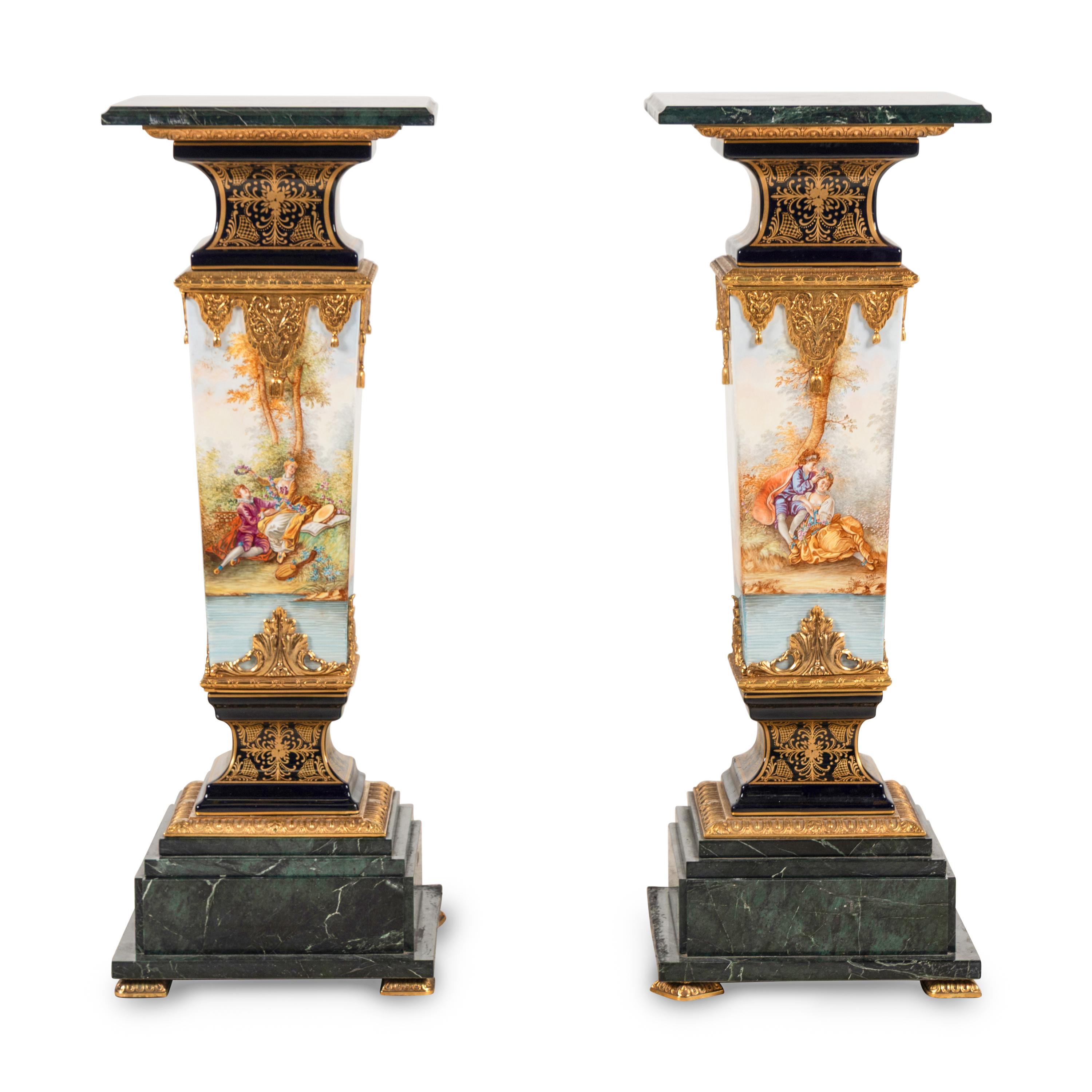 A Pair of Marble, Sèvres Style Porcelain and Gilt Metal Pedestals