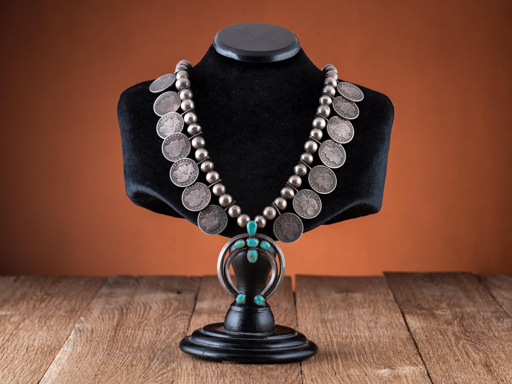 Navajo Silver and Turquoise Squash Blossom Necklace
