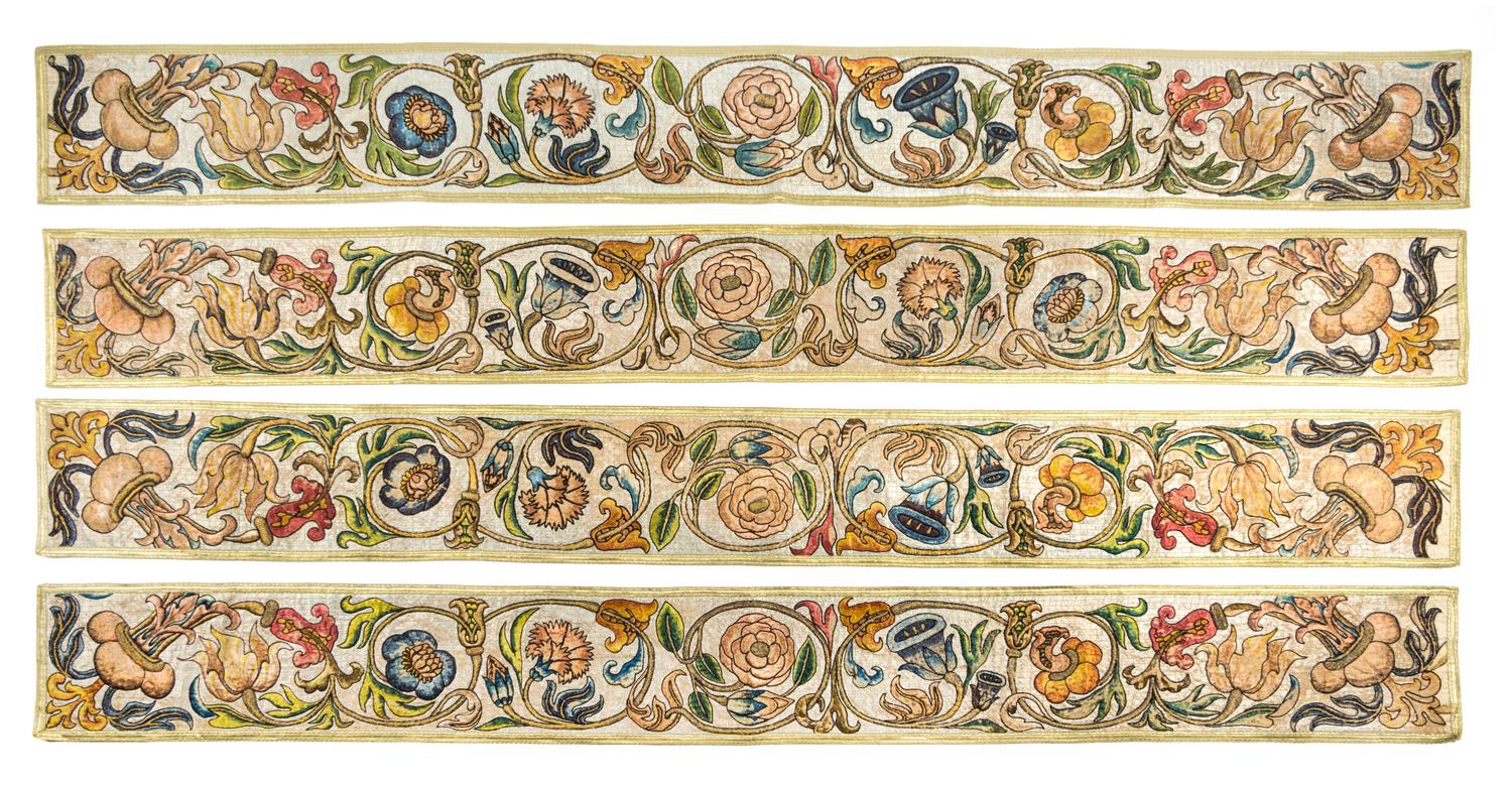 Four Italian Embroidered Panels Each 68 x 11 3/8 inches. — CIRCA 1700
