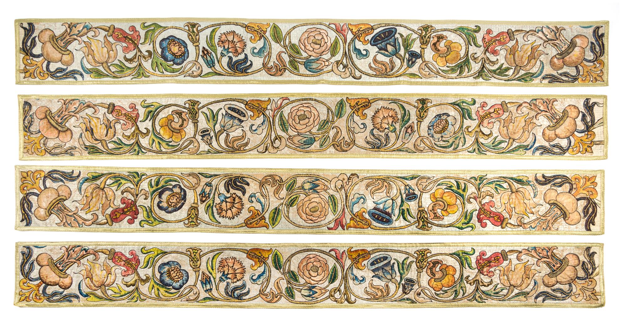 Four Italian Embroidered Panels Each 68 x 11 3/8 inches. — CIRCA 1700