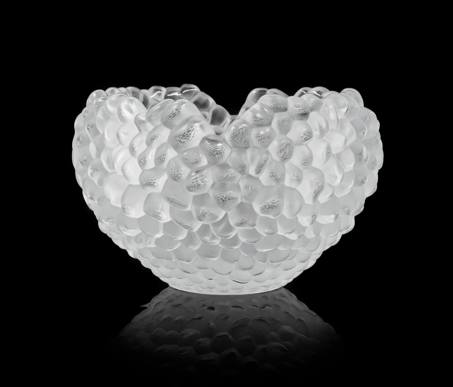A Lalique Style Molded and Frosted Glass Grape Bowl Height 8 3/4 x width 14 inches.