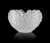 A Lalique Style Molded and Frosted Glass Grape Bowl Height 8 3/4 x width 14 inches.