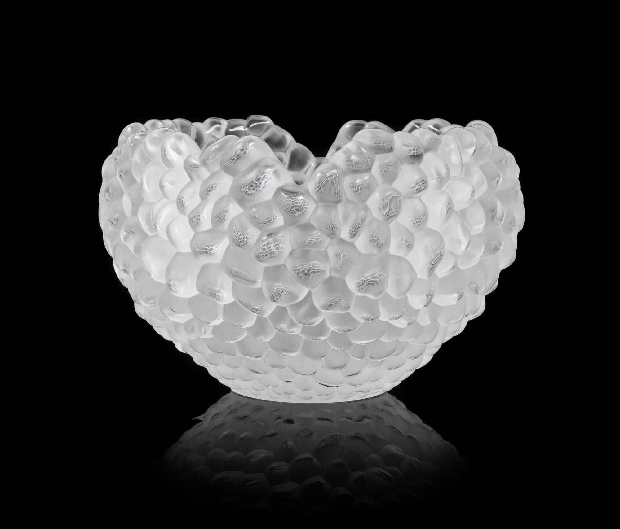 A Lalique Style Molded and Frosted Glass Grape Bowl Height 8 3/4 x width 14 inches.