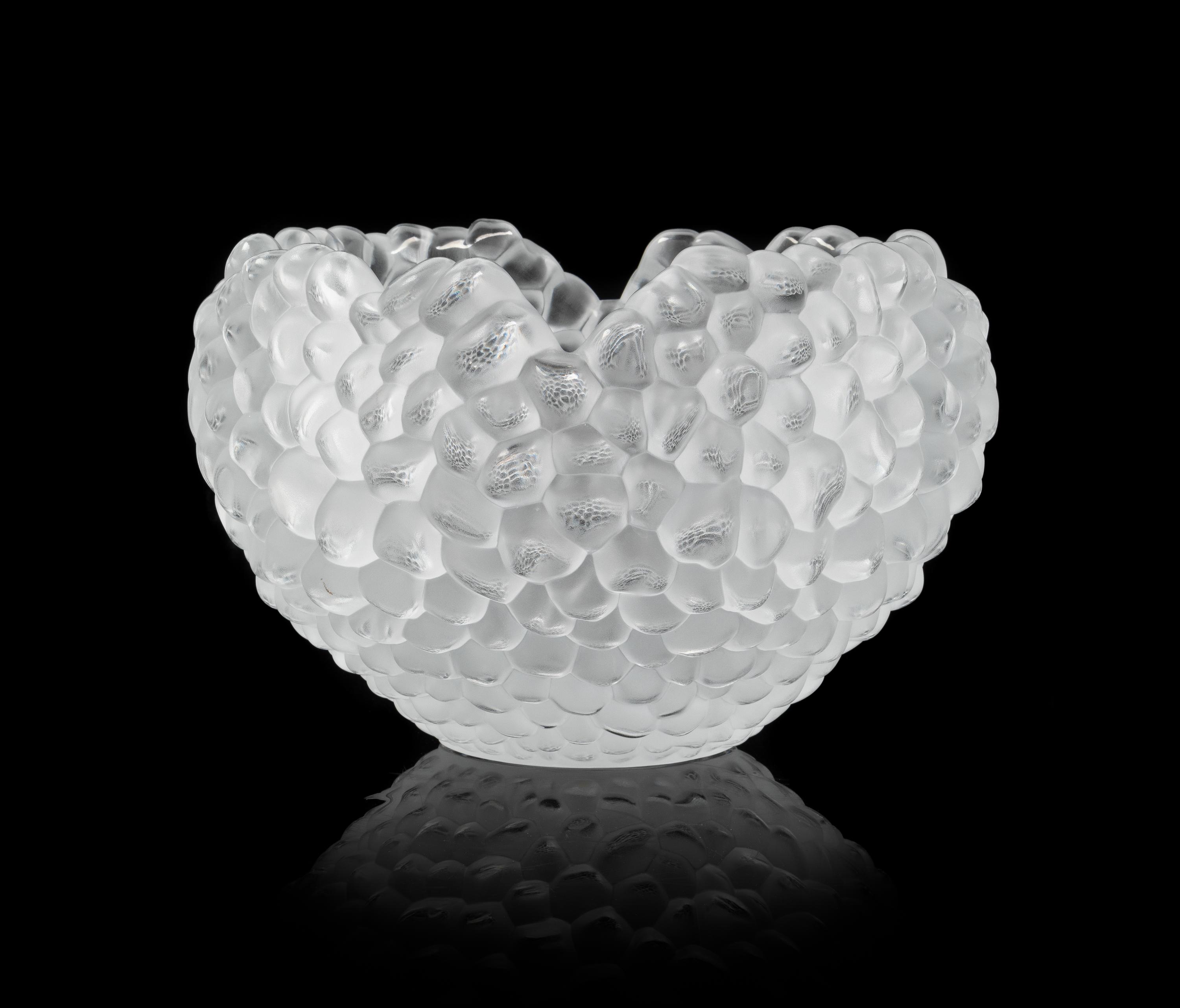 A Lalique Style Molded and Frosted Glass Grape Bowl Height 8 3/4 x width 14 inches.
