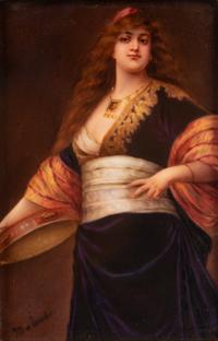 A Gebrüder Heubach Painted Porcelain Plaque after Friedrich Paul Thumann (German, 1834-1908)