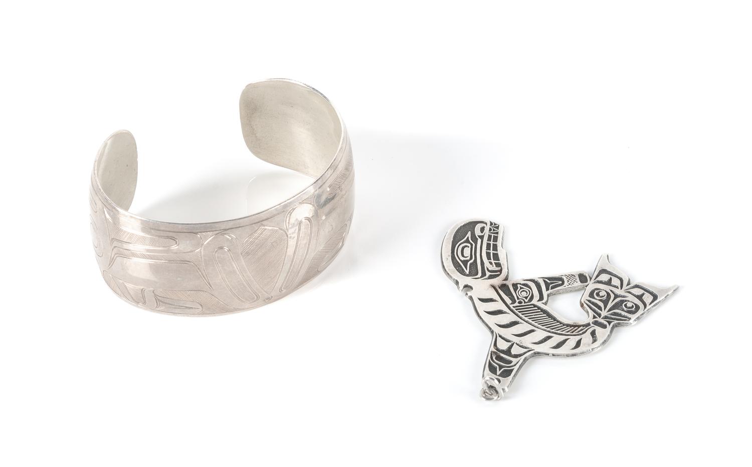 Two Northwest Coast Style Jewelry Articles Length of bracelet 5 7/8 x opening 1 1/8 x width 1 1/4 inches