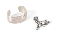 Two Northwest Coast Style Jewelry Articles Length of bracelet 5 7/8 x opening 1 1/8 x width 1 1/4 inches