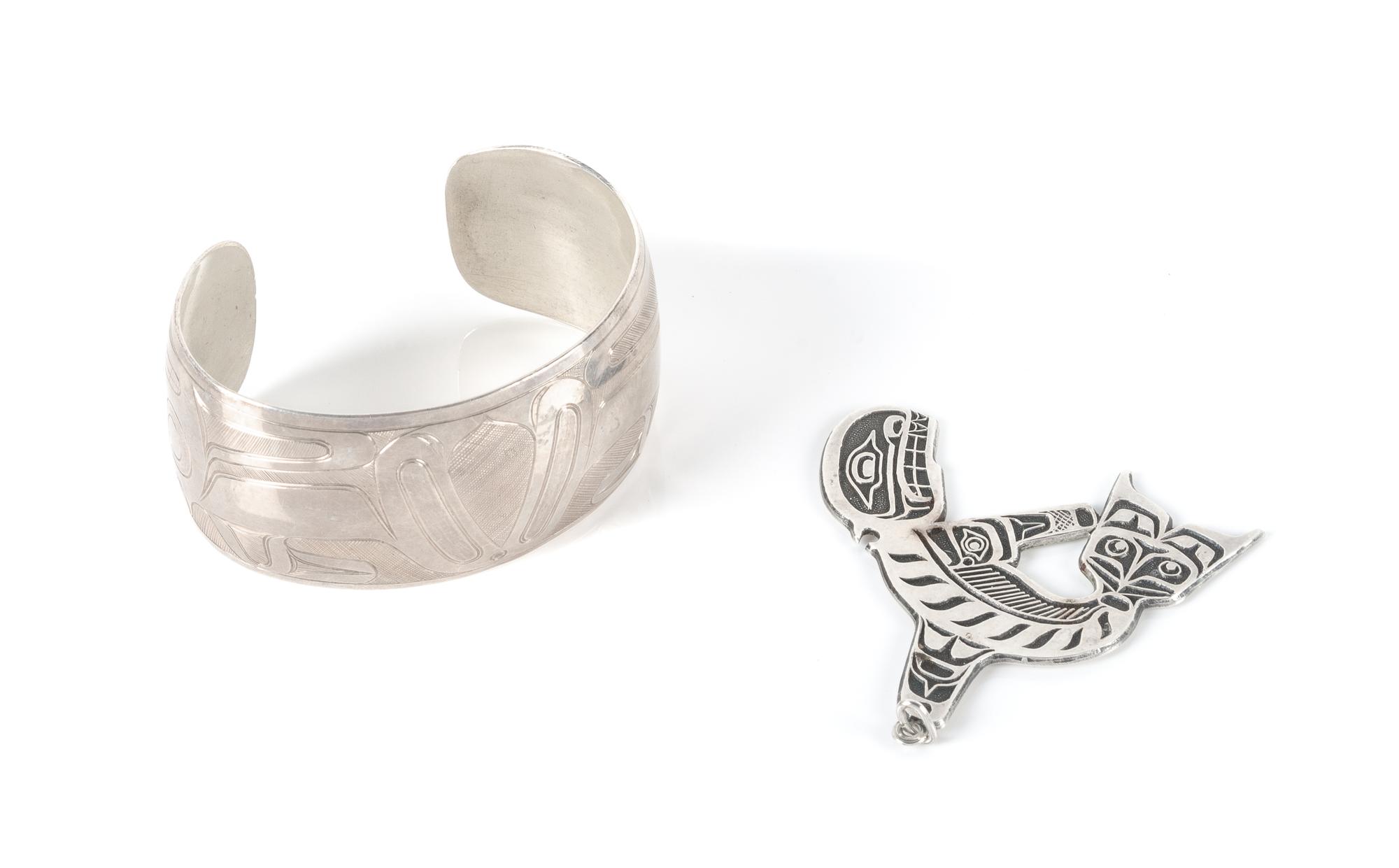 Two Northwest Coast Style Jewelry Articles Length of bracelet 5 7/8 x opening 1 1/8 x width 1 1/4 inches