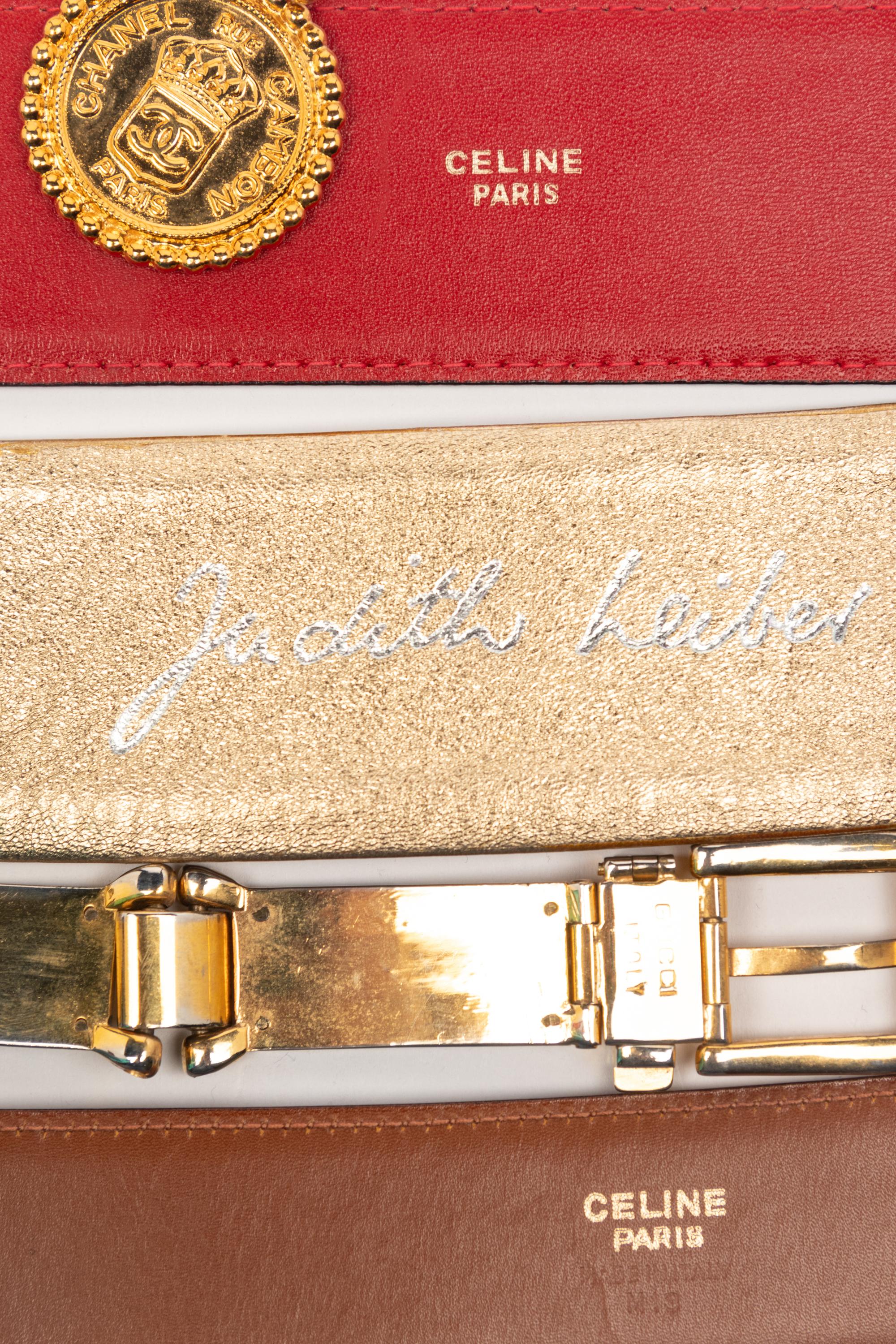 A Group of Five Designer Belts by Judith Leiber, Celine, Chanel, and Gucci