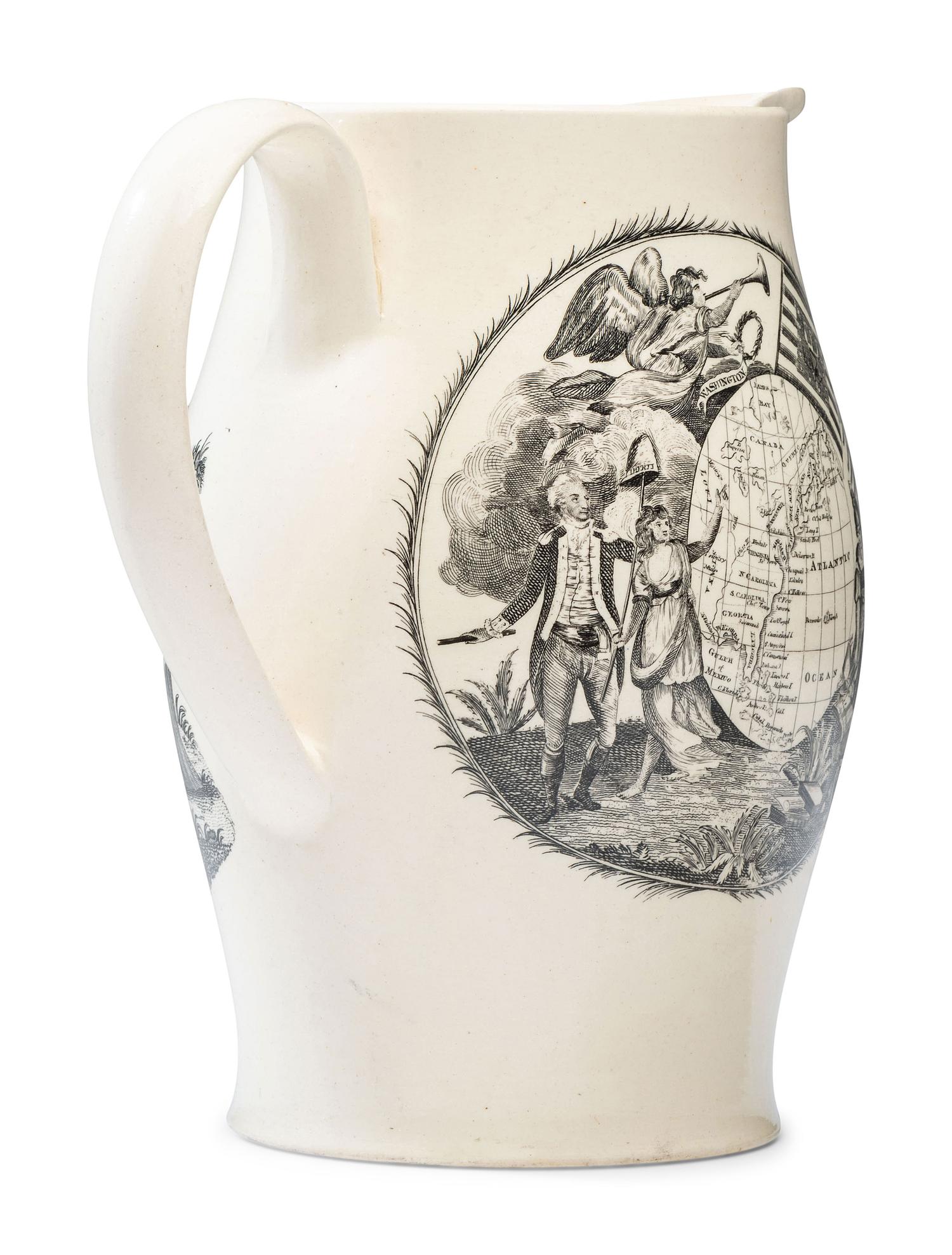 A Liverpool Transfer-Printed Creamware 'Peace, Plenty, and Independence' Pitcher