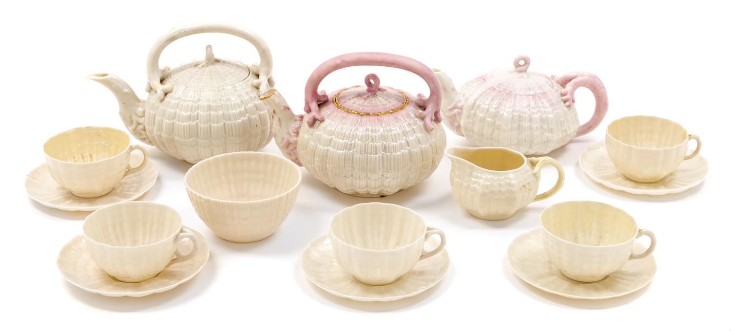 An Assembled Belleek Tridacna Tea Service Width of widest 8 3/4 inches. — FIRST BLACK MARK THROUGH SIXTH GREEN MARK (1863-1980)