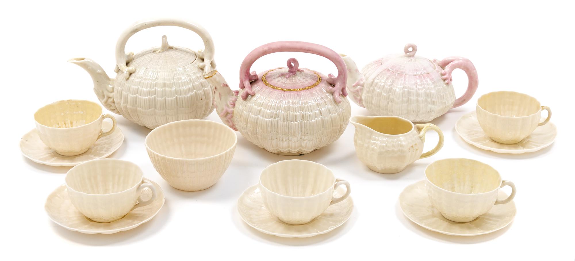 An Assembled Belleek Tridacna Tea Service Width of widest 8 3/4 inches. — FIRST BLACK MARK THROUGH SIXTH GREEN MARK (1863-1980)