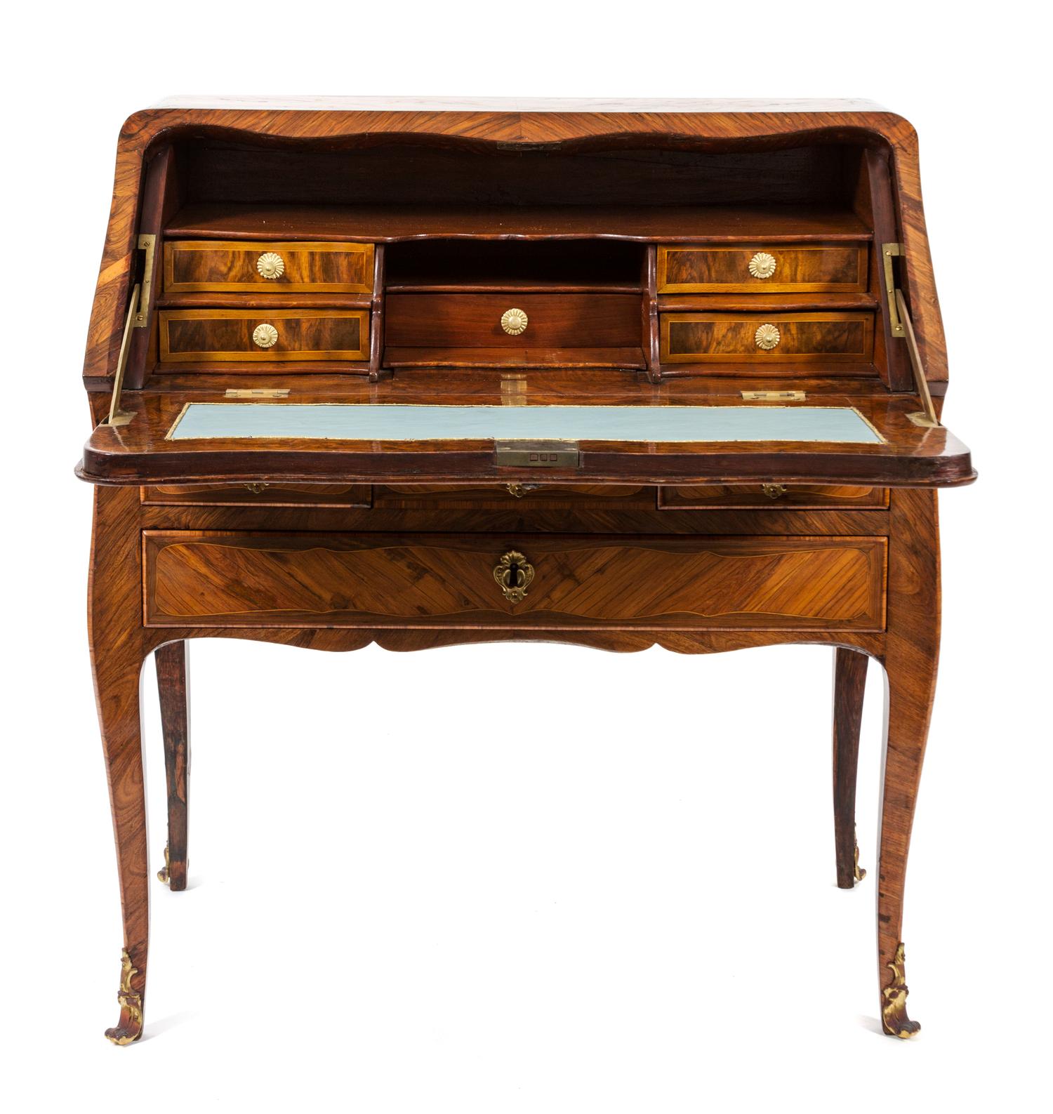 A Louis XV/XVI Transitional Slant Front Marquetry Desk Height 35 x width 32 x depth 17 1/2 inches. — 19TH CENTURY