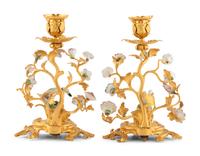 A Pair of French Gilt Bronze and Porcelain Candlesticks