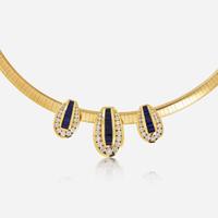 A 14K Yellow Gold, Diamond, and Sapphire Omega Slider Necklace